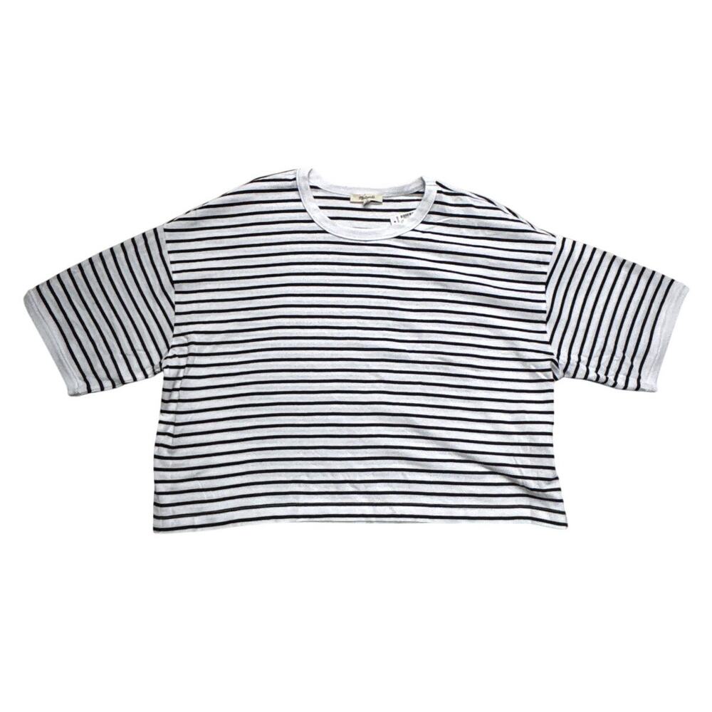 Madewell Shirt XL Womens Black White Striped Relaxed Boxy Cropped Tee NWT